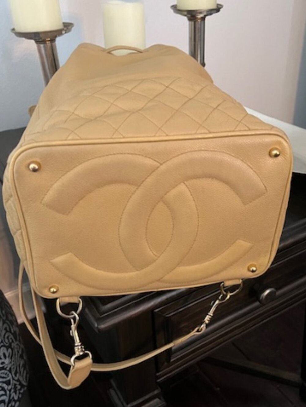 Vintage Chanel Camel Caviar Leather Bucket Backpack / Shoulder Bag Large CC Logo